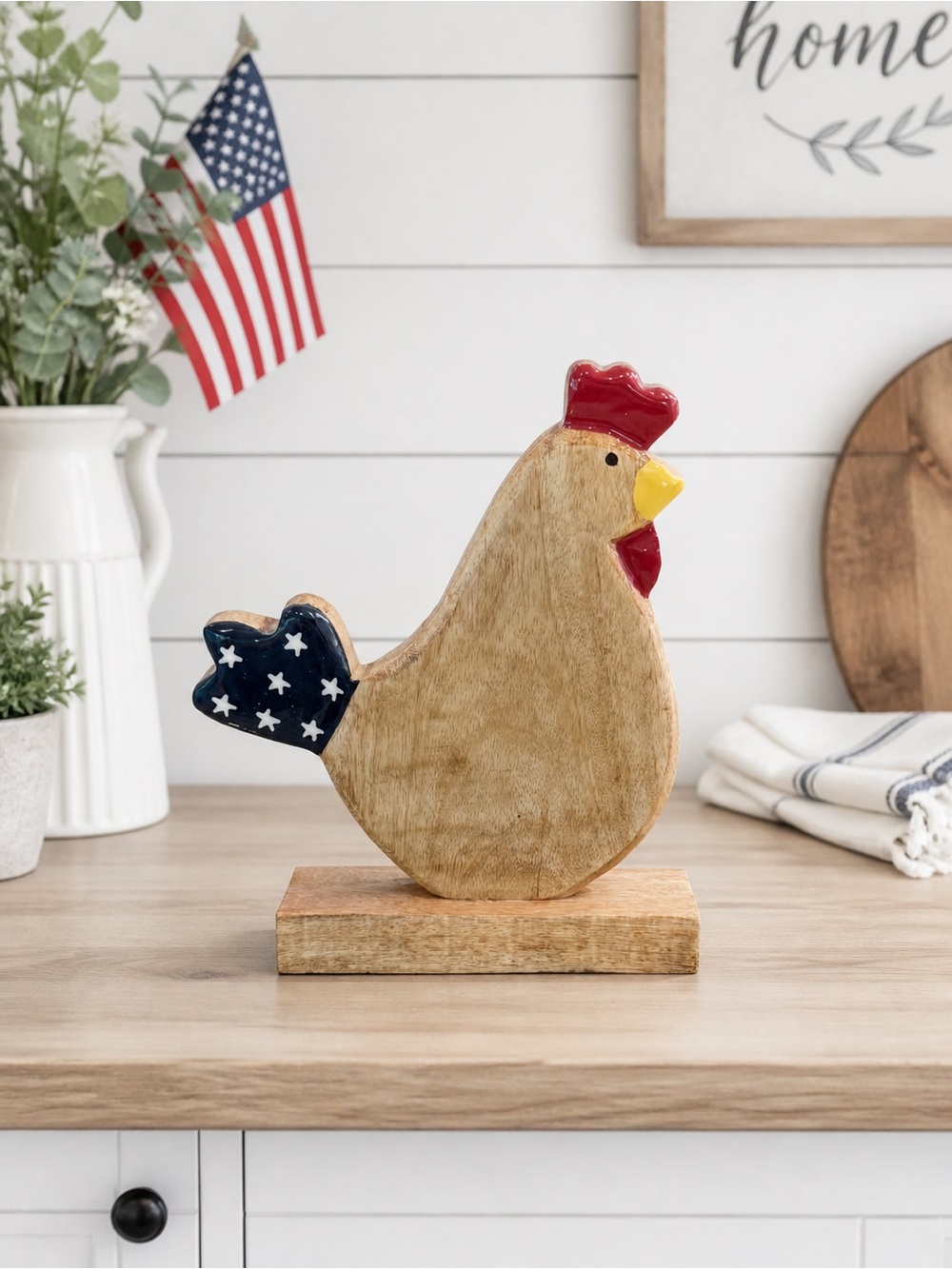 NEW Patriotic Wooden Chicken Decor 🇺🇸 Farmhouse Americana - Size 10x8
